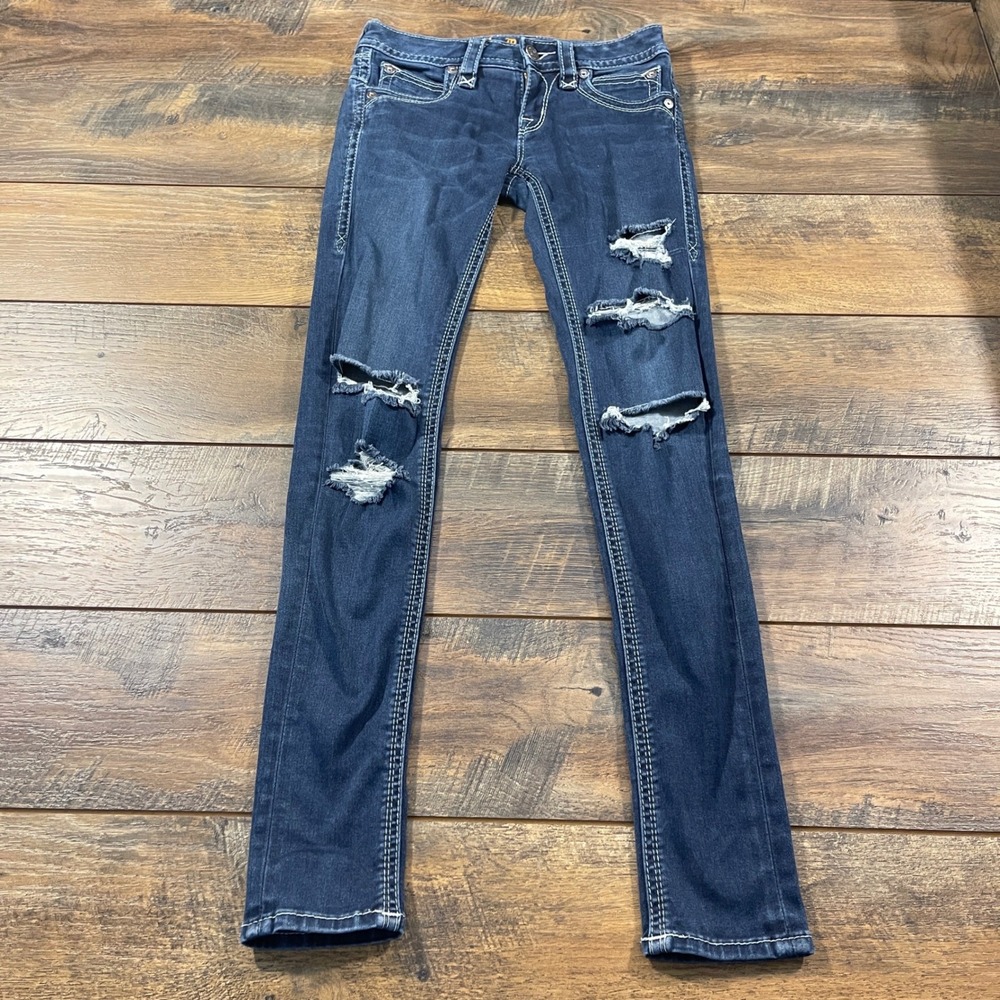 Rock Revival Elle Skinny Distressed Dark Wash Jeans Size 24 Fleur De Lis Y2K
